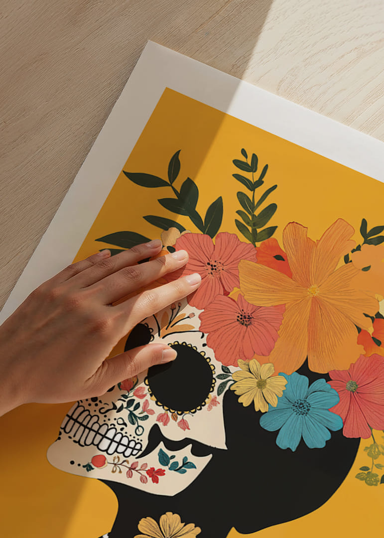 The contrast between skull and flowers fascinates and catches the eye.-12