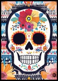 A colorful skull against a patterned background.-6