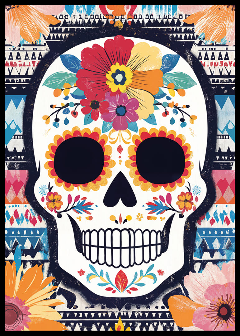 A colorful skull against a patterned background.-12