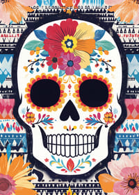 A colorful skull against a patterned background.-7
