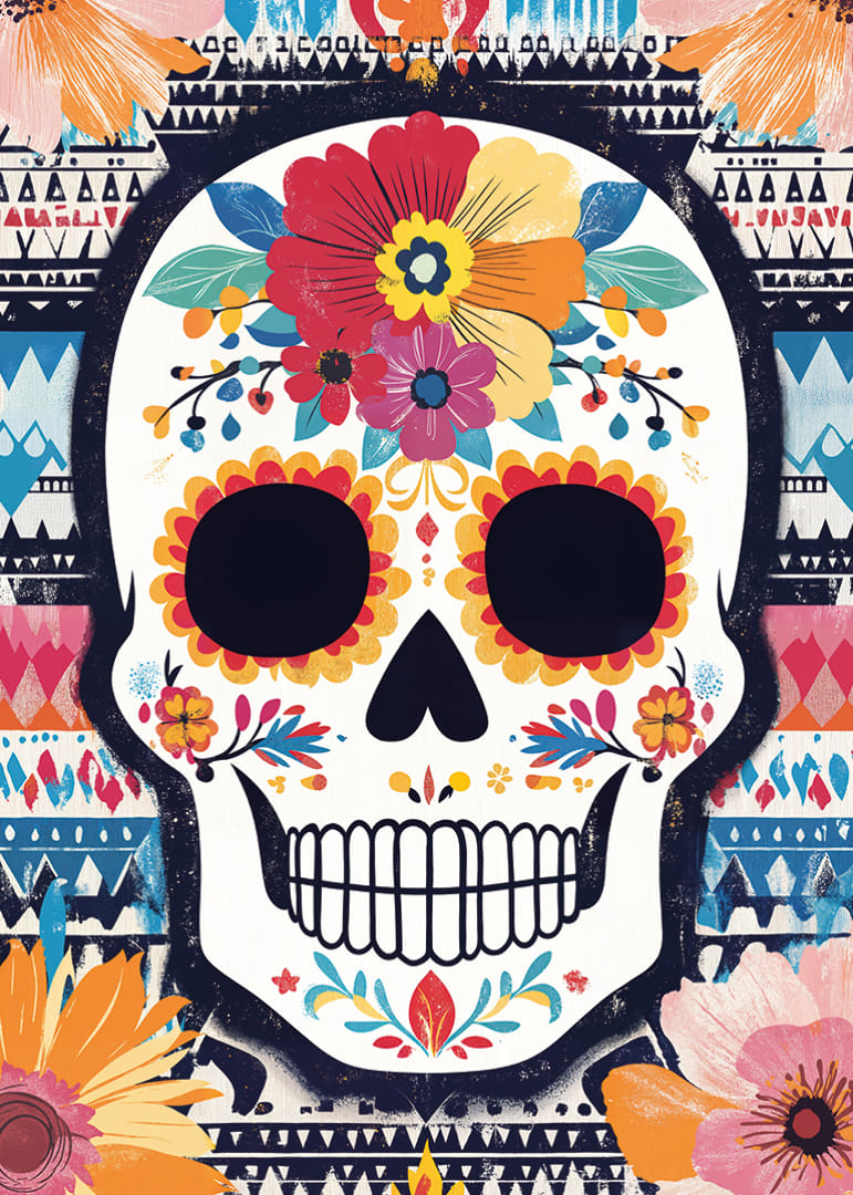 A colorful skull against a patterned background.-12