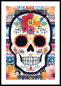 A colorful skull against a patterned background.-0