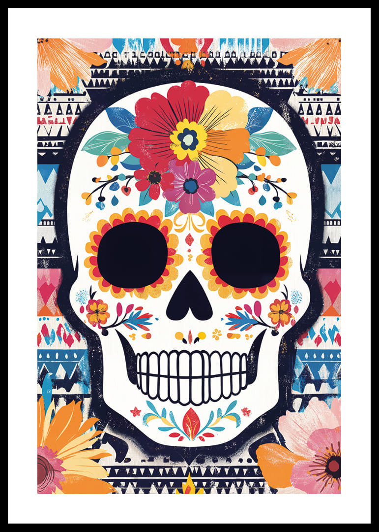 A colorful skull against a patterned background.-12
