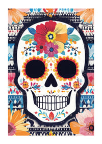 A colorful skull against a patterned background.-1