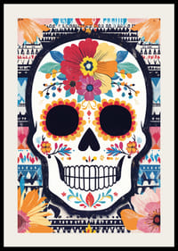 A colorful skull against a patterned background.-2