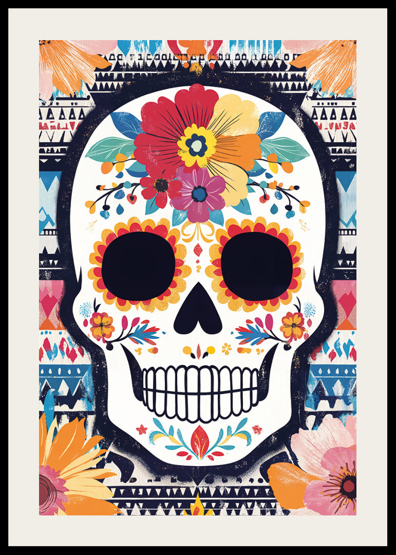 A colorful skull against a patterned background.-12