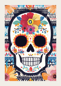A colorful skull against a patterned background.-3