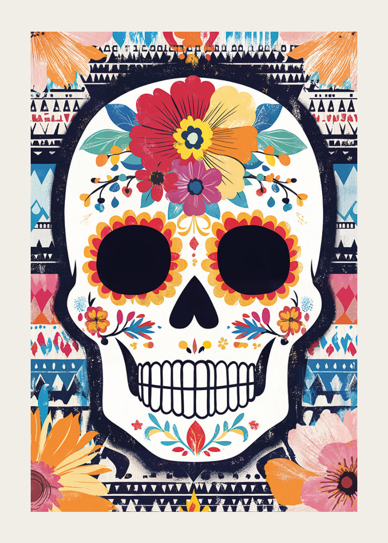A colorful skull against a patterned background.-12