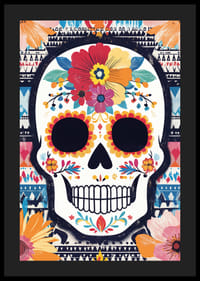 A colorful skull against a patterned background.-4