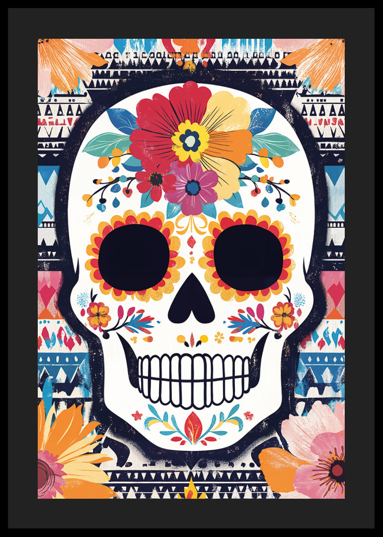 A colorful skull against a patterned background.-12