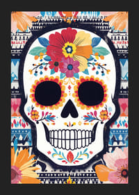 A colorful skull against a patterned background.-5