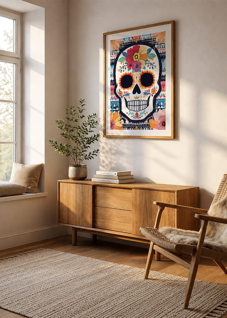 A colorful skull against a patterned background.-12