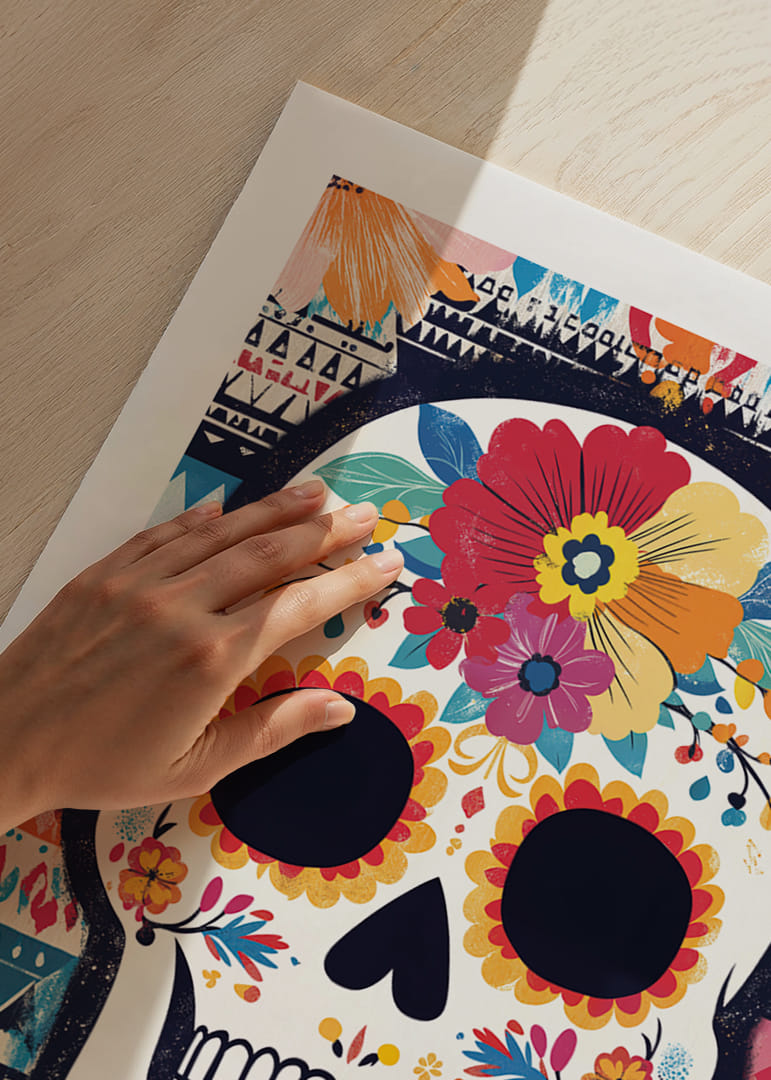 A colorful skull against a patterned background.-12