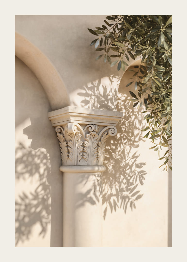 Sun-filled shadows dance over classical architecture.-12