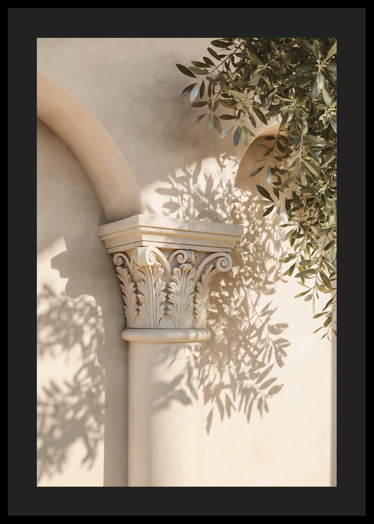Sun-filled shadows dance over classical architecture.-12