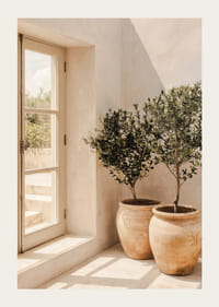 The sun's soft light dances over rustic pots and olive trees.-3
