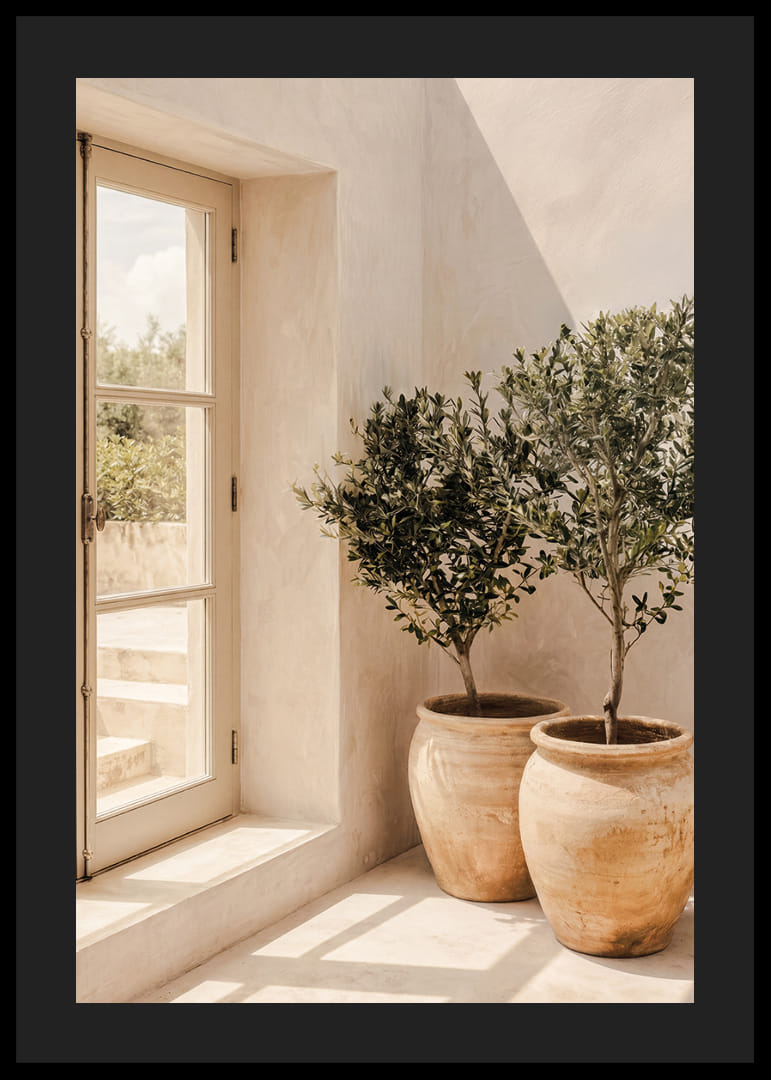 The sun's soft light dances over rustic pots and olive trees.-12
