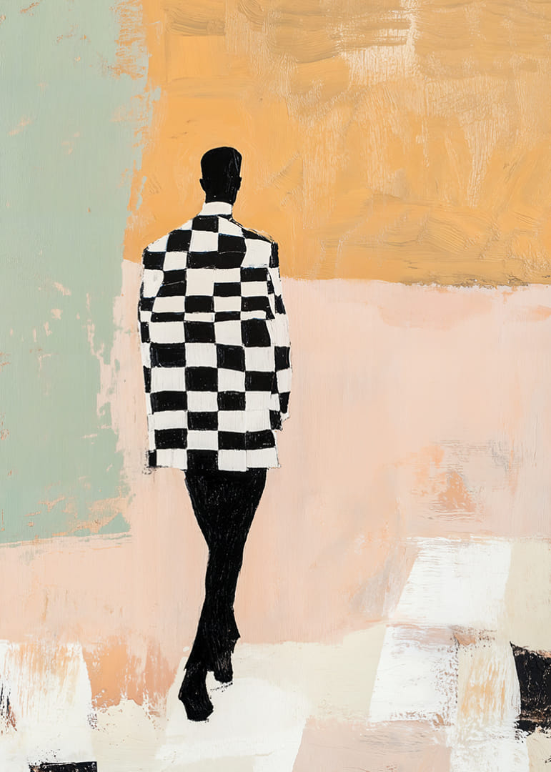 A silhouette in black and white moves through pastels.-12
