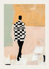A silhouette in black and white moves through pastels.-3