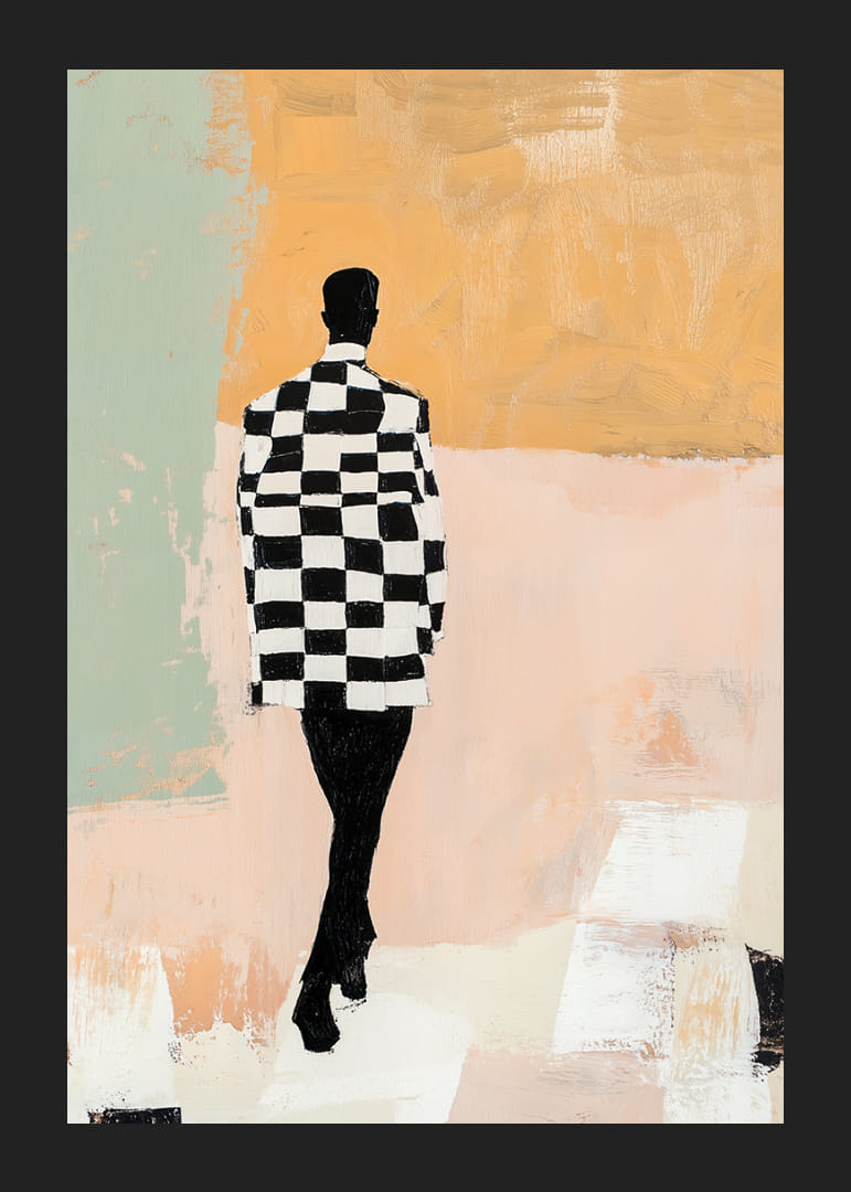 A silhouette in black and white moves through pastels.-12