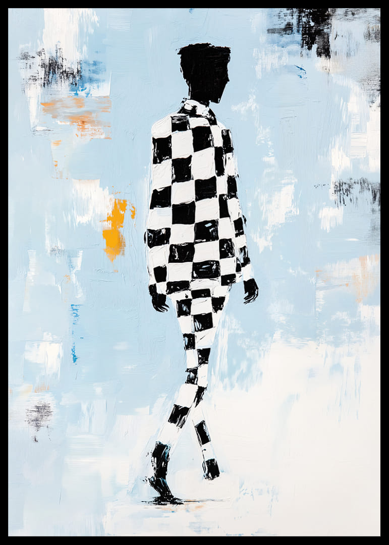 A silhouette in a checkerboard pattern moves towards infinity.-12