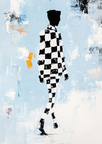 A silhouette in a checkerboard pattern moves towards infinity.-7