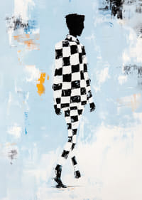 A silhouette in a checkerboard pattern moves towards infinity.-7