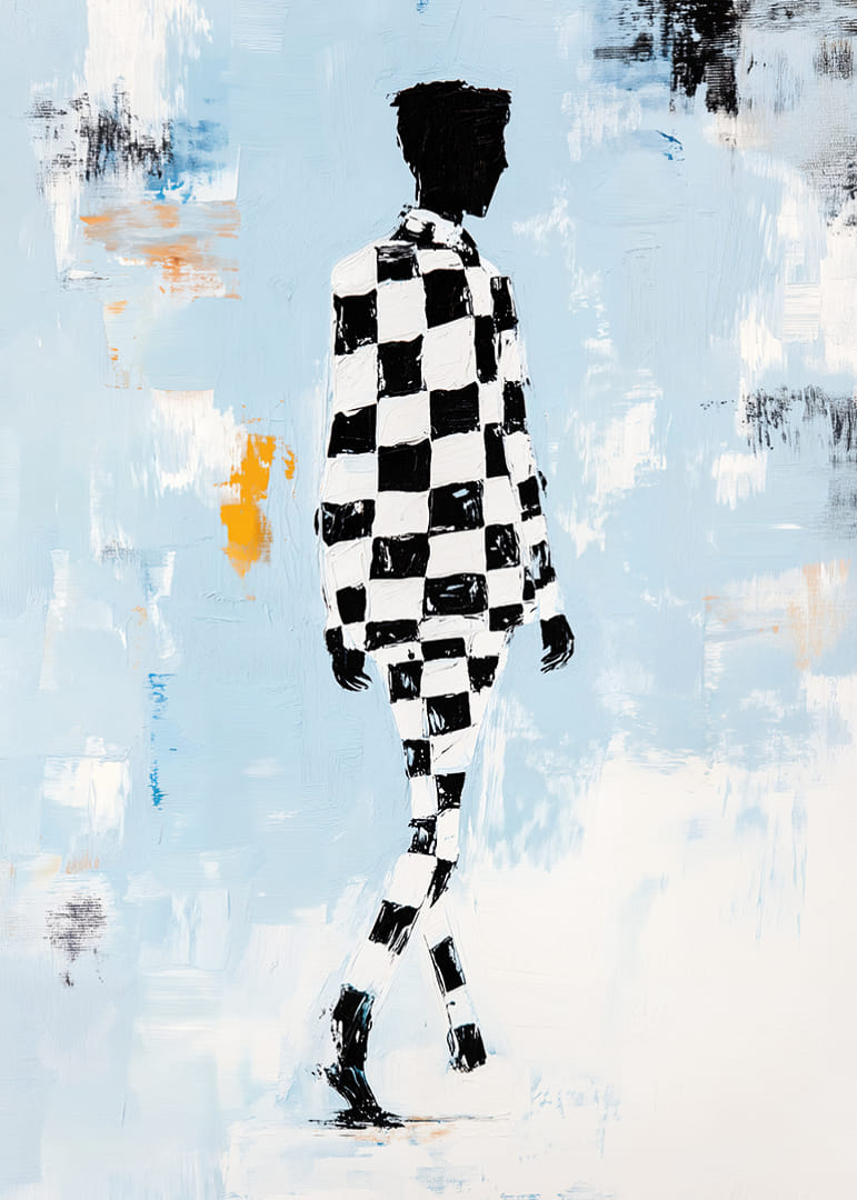 A silhouette in a checkerboard pattern moves towards infinity.-12
