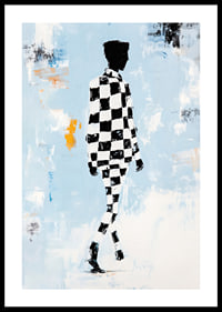 A silhouette in a checkerboard pattern moves towards infinity.-0