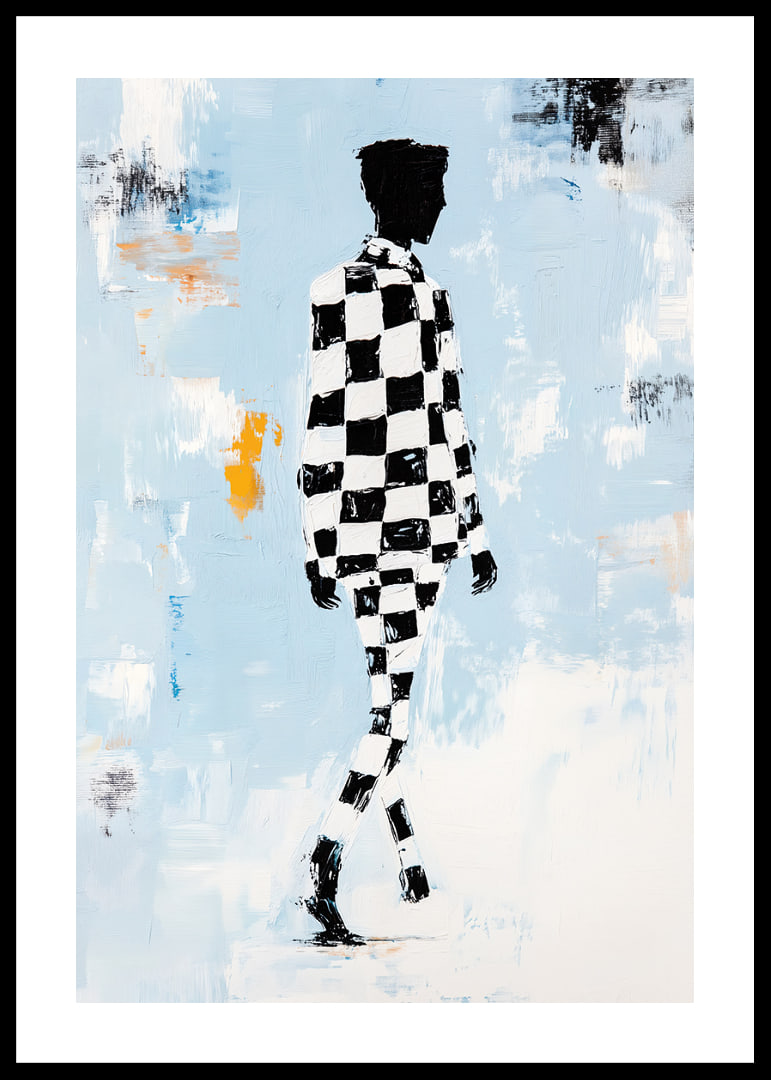 A silhouette in a checkerboard pattern moves towards infinity.-12