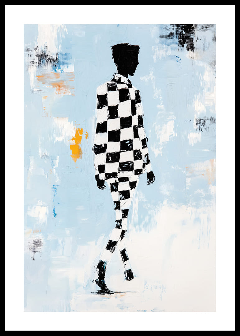 A silhouette in a checkerboard pattern moves towards infinity.-12