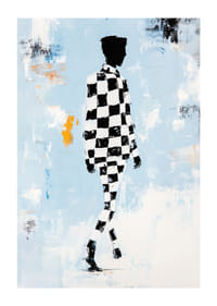 A silhouette in a checkerboard pattern moves towards infinity.-1