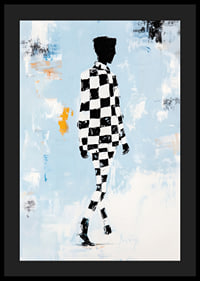 A silhouette in a checkerboard pattern moves towards infinity.-4