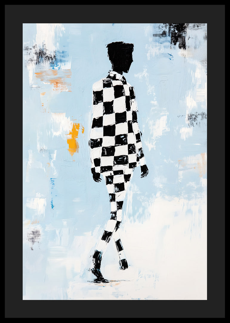 A silhouette in a checkerboard pattern moves towards infinity.-12