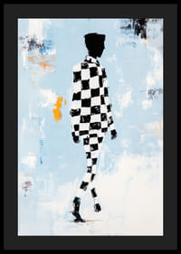 A silhouette in a checkerboard pattern moves towards infinity.-4