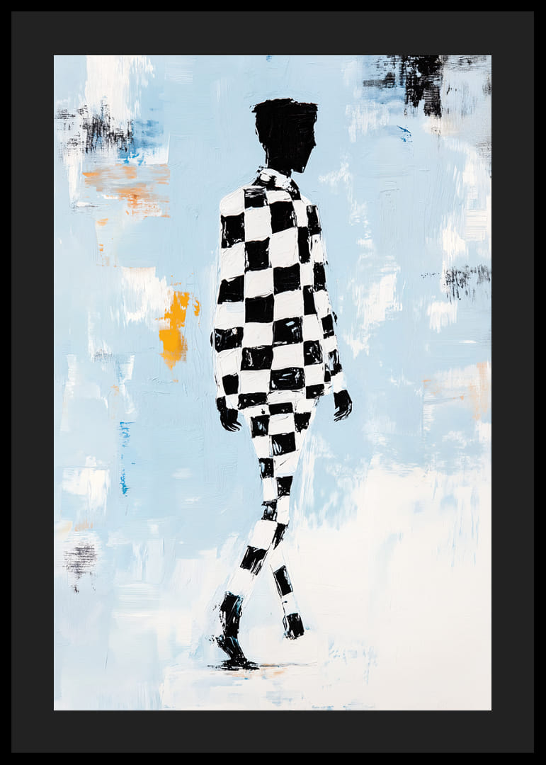 A silhouette in a checkerboard pattern moves towards infinity.-12