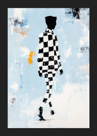 A silhouette in a checkerboard pattern moves towards infinity.-5