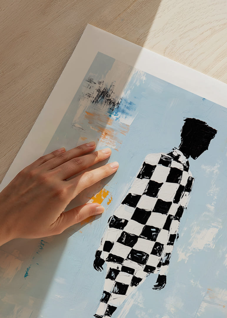 A silhouette in a checkerboard pattern moves towards infinity.-12