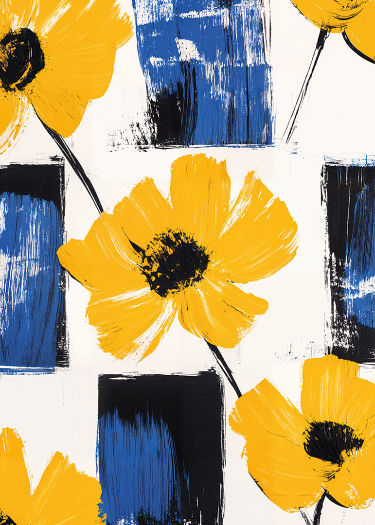 Yellow flowers against blue and white backgrounds create life and energy.-12