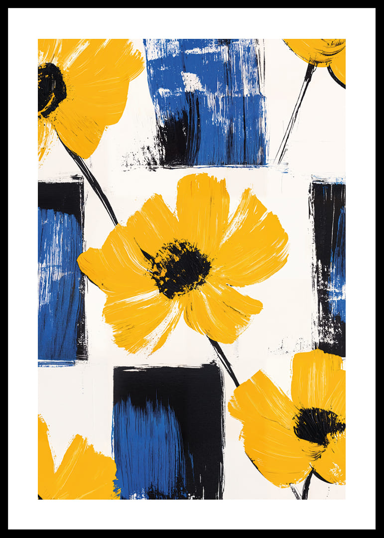 Yellow flowers against blue and white backgrounds create life and energy.-12