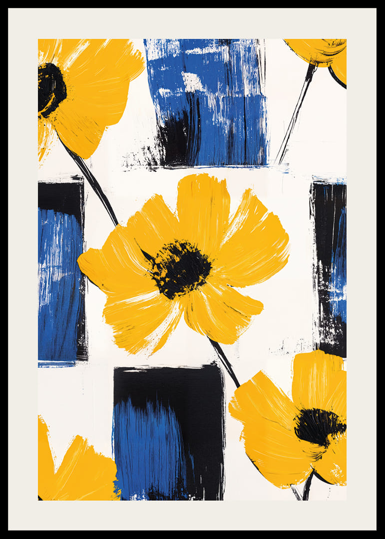 Yellow flowers against blue and white backgrounds create life and energy.-12