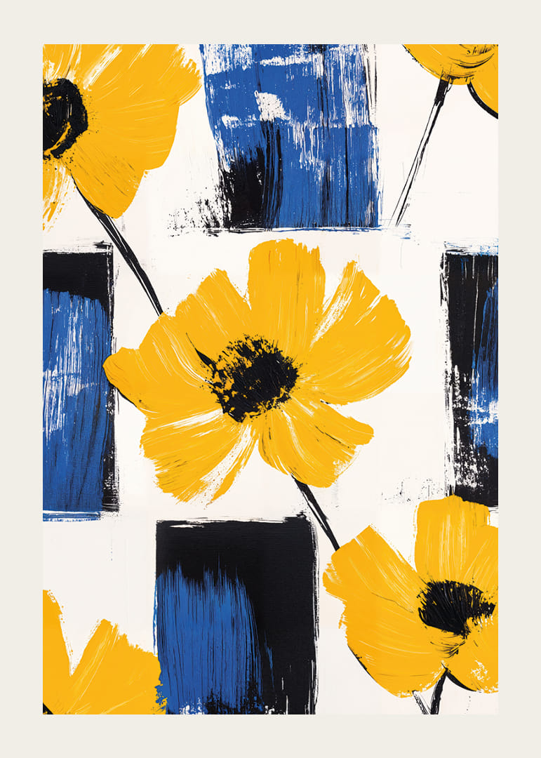 Yellow flowers against blue and white backgrounds create life and energy.-12