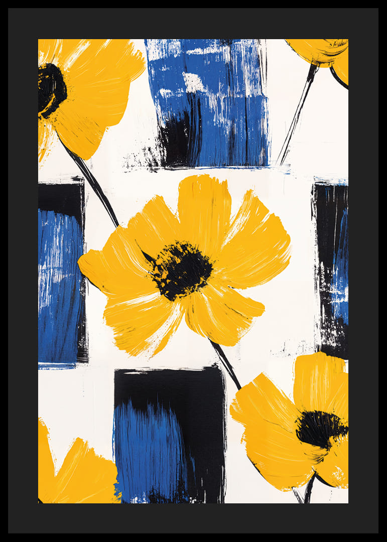 Yellow flowers against blue and white backgrounds create life and energy.-12