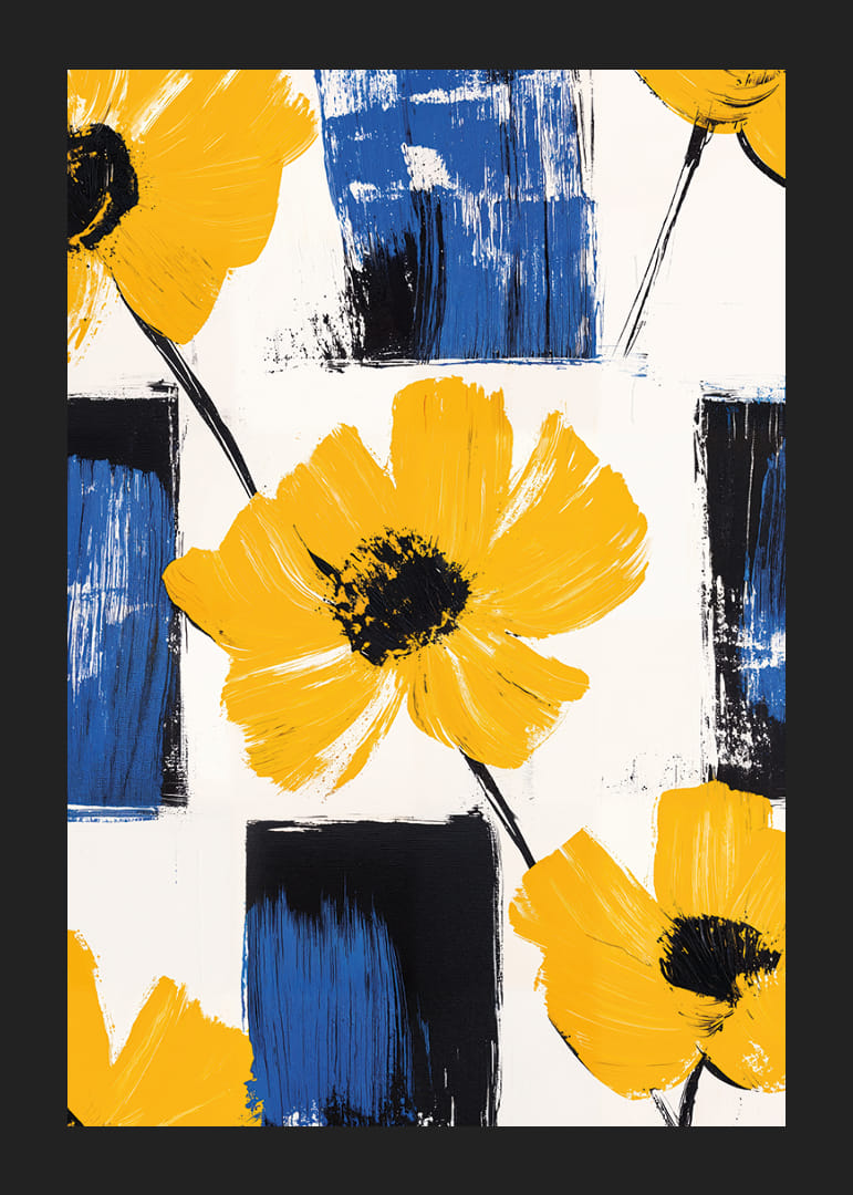 Yellow flowers against blue and white backgrounds create life and energy.-12