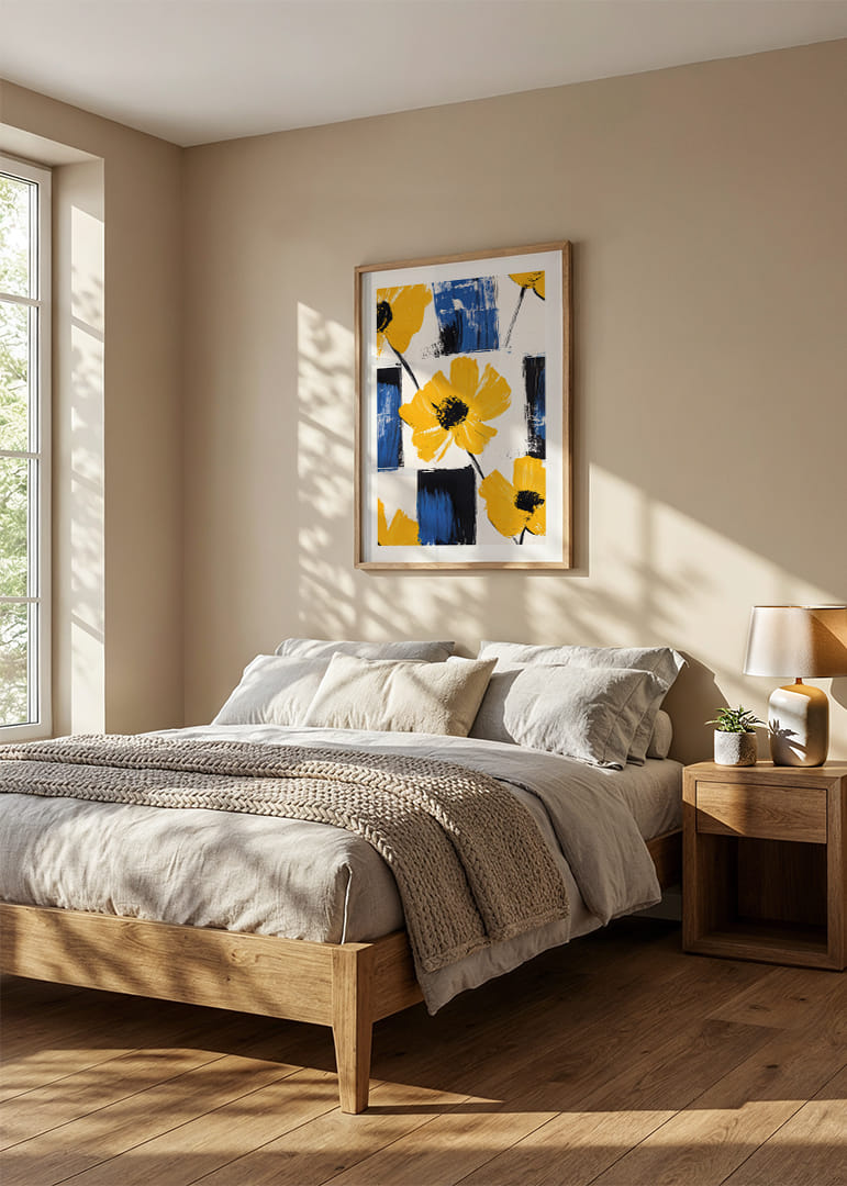 Yellow flowers against blue and white backgrounds create life and energy.-12