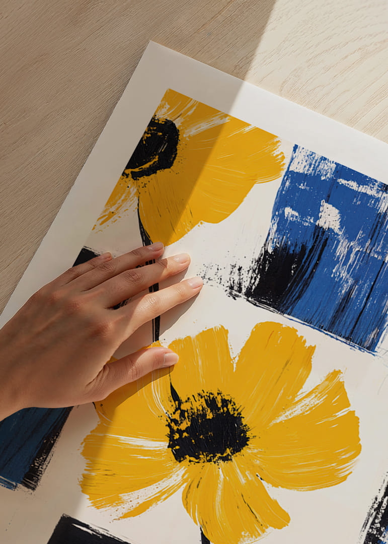 Yellow flowers against blue and white backgrounds create life and energy.-12
