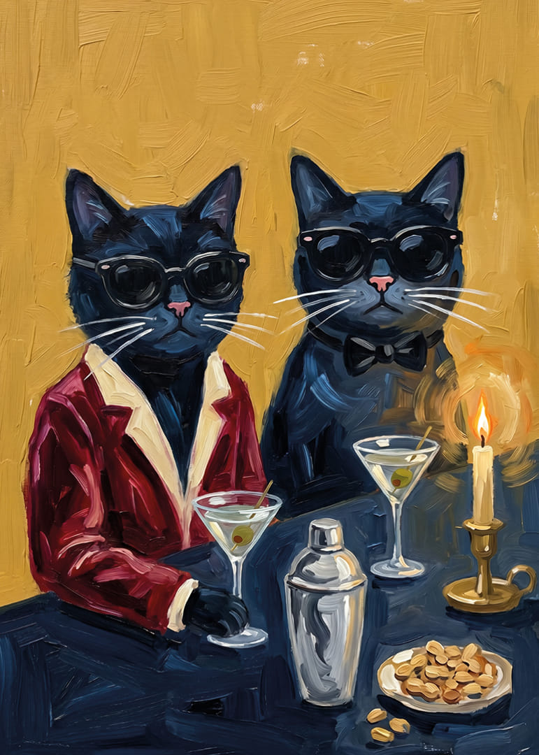 Two handsome cats in tuxedos at a festive evening dinner.-12