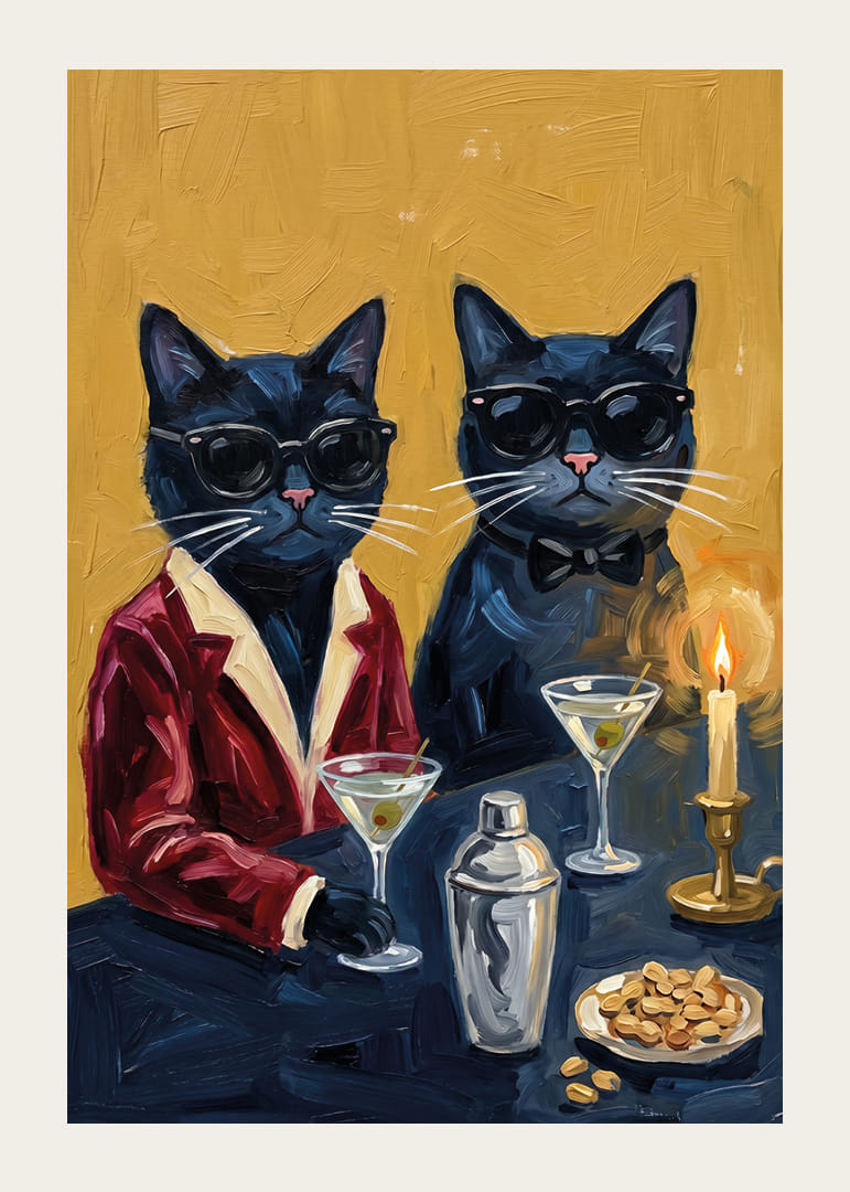 Two handsome cats in tuxedos at a festive evening dinner.-12