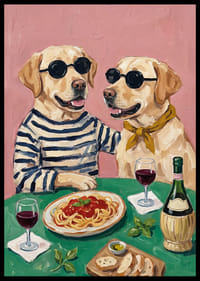 Two handsome dogs enjoying dinner with wine and spaghetti.-6