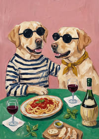 Two handsome dogs enjoying dinner with wine and spaghetti.-7